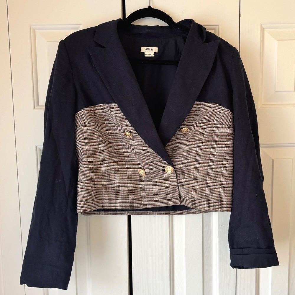 Jason Wu Navy Glen Plaid Cropped Blazer Double Breasted Gold Button Jacket M